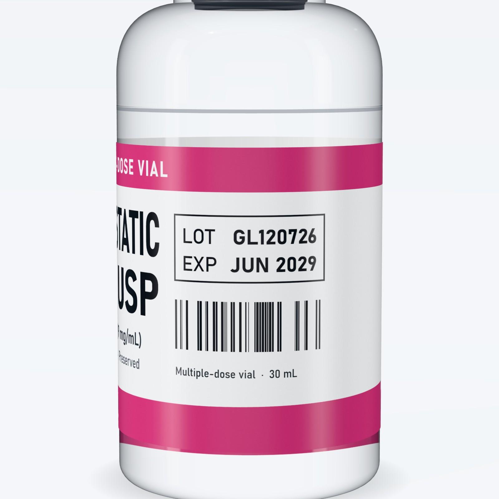 Close-up of the vial label showing lot GL120726 and expiry June 2029