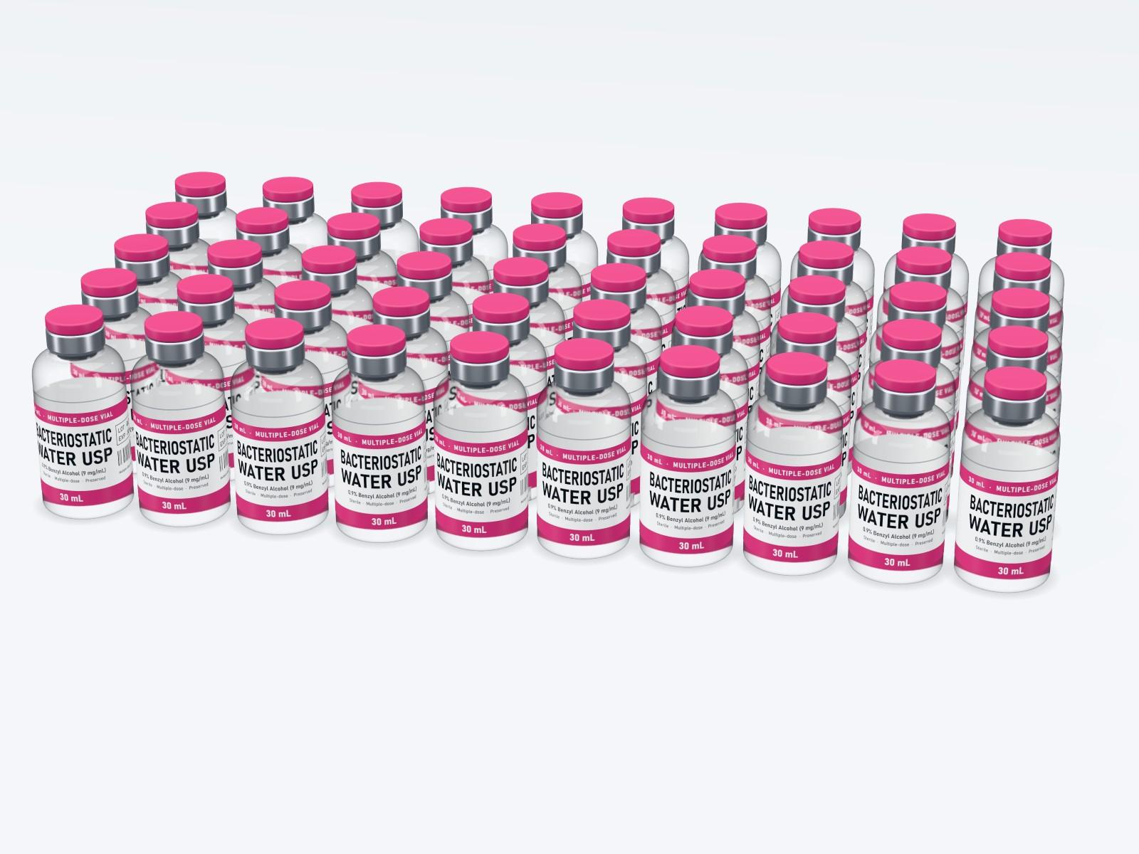Fifty 30 mL vials in five rows of ten