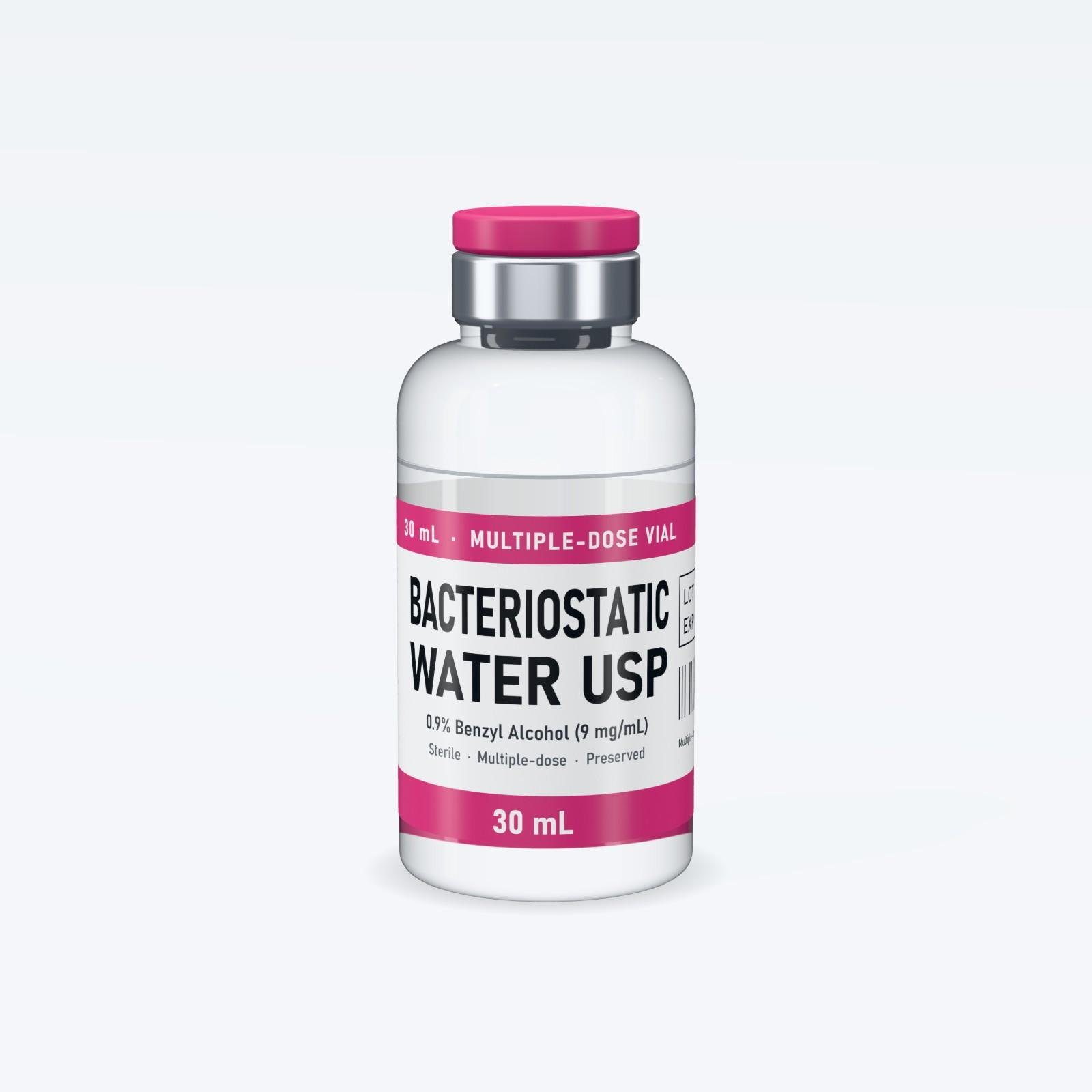 30 mL vial of bacteriostatic water with a pink flip-off cap and aluminum crimp seal